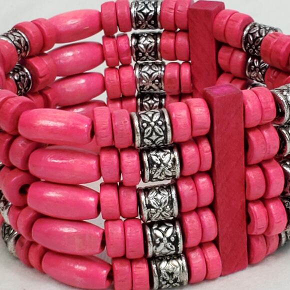 Pink Beaded Stretch Bracelet Silver Tone 1.5" - Picture 2 of 4